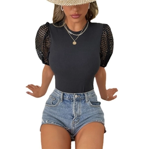 Women's summer black ribbed short sleeve bodysuit with mesh puff sleeves and round neck