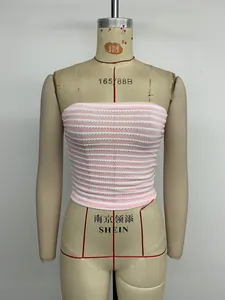 Detailed view of pink and white striped tube top with soft ribbed knit texture