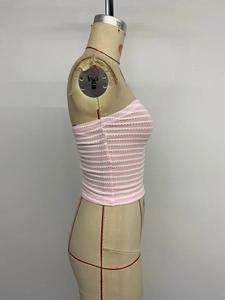 Detail of pink and white striped tube top showing elastic knit fabric texture on mannequin