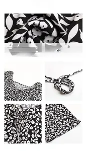 Detailed views of floral print dress showing fabric texture, neckline and tie-up design