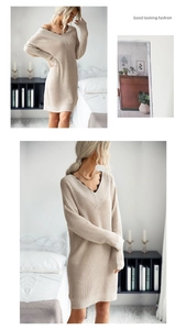 Dettaglio ravvicinato dell'abito in maglia con scollo a V e pizzo nero elegante