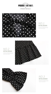 Detailed views of polka dot dress featuring tie neck, ruffle hem and flared cuffs