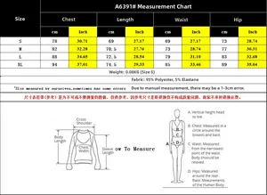 Size chart for black bodysuit showing chest, waist, and hip measurements in cm and inches