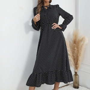 Elegant Women Polka Dot V Neck Tie Front Maxi Dress Long Sleeve Ruffle Hem High Waist A Line Party Casual Evening Dress