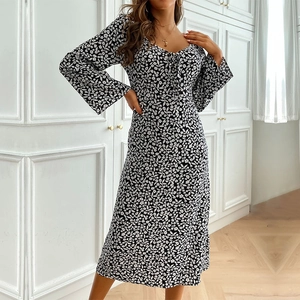 Vintage Floral V-Neck Backless Long Flare Sleeve Midi Dress For Women High Waist Elegant Casual Printed Polyester Dress