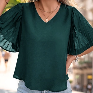 Vintage dark green V-neck blouse with pleated butterfly sleeves and lightweight fabric