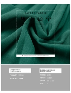 Detail of dark green pleated dress fabric with moisture-wicking texture and model size specs
