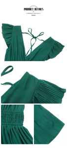 Detail view of dark green V-neck dress featuring ruffles and smocked waist design