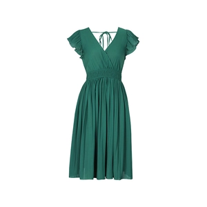 Detail of elegant dark green pleated dress featuring a deep V-neck and ruffled cap sleeves