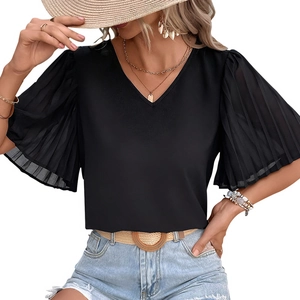 Women's V-neck black blouse featuring retro pleated bell sleeves and elegant puff design