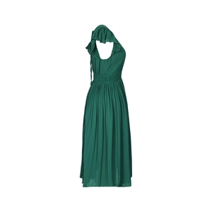 Detail of dark green pleated dress featuring a ruffle neckline and elastic waist design