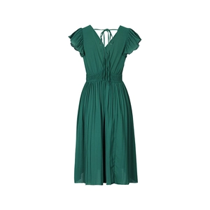 Detail of V-neck dark green pleated dress featuring elastic waist and ruffle sleeves