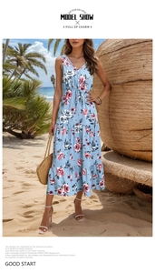 Detail shot of light blue floral dress with V-neckline and ruffled hemline for summer