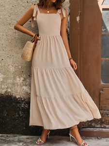Women's Summer Apricot Maxi Dress Square Neck Tiered Cake Skirt Sleeveless Bow Tie Strap Smocked Back Vacation Dress