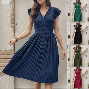 Women Elegant V Neck Pleated Dress Flutter Sleeve Smocked Waist Solid Color Midi Length Vacation Casual Summer Dress