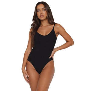 Elegant black spaghetti strap bodysuit with a deep U-neck and high-cut slim fit design