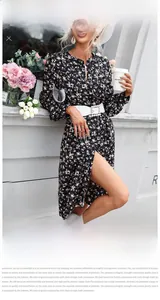 Détail de robe à fleurs avec ceinture à boucle perle et fente sur la jupe