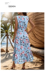 Detail of blue floral sleeveless maxi dress showing back view and tiered skirt layers