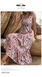 Detail of floral chiffon summer dress with V-neck, buttons and drawstring waist tie