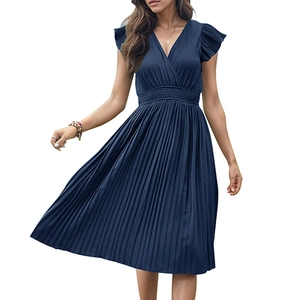 Elegant navy blue pleated dress with V-neckline and ruffled short sleeves for women