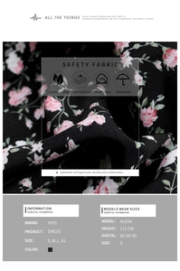 Détail du tissu noir à fleurs avec imprimé rose et tableau des tailles de la robe d'été