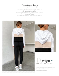 Detail view of tri-color block design on back of women's hooded sweatshirt and pants set