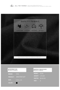 Detailed macro view of soft breathable black knitted sweater fabric and size chart specs