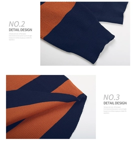 Detail view of navy blue and orange striped knit sweater with vertical ribbed texture