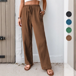 Women's High Waist Wide Leg Casual Pants Pleated Vertical Texture Loose Drawstring Trousers Solid Color Fashion Daily Pants