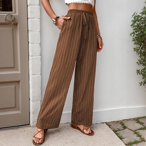 Women's high waist pleated wide leg casual pants with drawstring in brown textured fabric