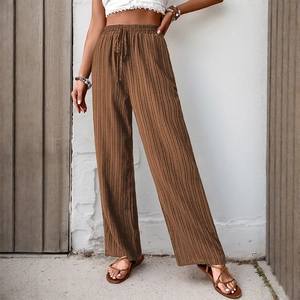 High-waisted wide-leg trousers in coffee brown with drawstring waist and ribbed texture