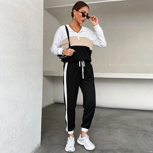 Women's color-block hooded sweatshirt and joggers two-piece casual athletic lounge set