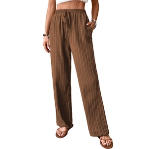 Women high waisted wide leg trousers in brown with drawstring and vertical stripe texture