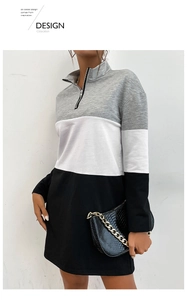 Detail of zip-up stand collar and tricolor grey-white-black stitching on sweatshirt dress