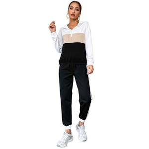 Women's 3-color patchwork hooded tracksuit with half-zip sweatshirt and striped joggers