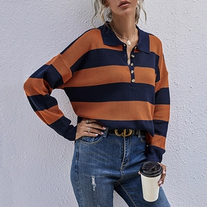 Women's casual striped knit sweater with polo collar and long sleeves in navy and orange
