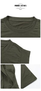 Detail view of olive green cotton T-shirt dress necklines and reinforced stitching