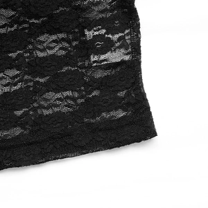 Macro view of black floral lace fabric with delicate embroidery and sheer mesh texture