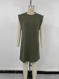 Close-up of a sleeveless dark green t-shirt dress with crew neck and structured shoulders
