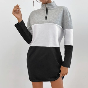 Women's color block sweatshirt dress with half-zip stand collar in grey, white and black