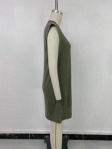 Side view of army green sleeveless t-shirt dress showing fine knit texture and slim fit