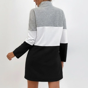 Women's autumn color block sweatshirt dress featuring gray white and black stitching back view