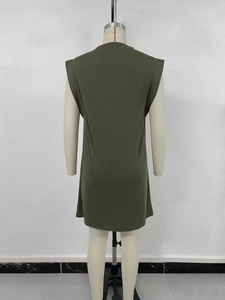 Back view of army green sleeveless T-shirt dress featuring a round neck and soft knit fabric