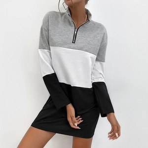 Casual tricolor patchwork sweatshirt dress with zipper collar and long sleeves for women