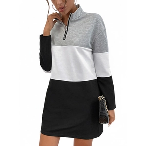 Western color-block sweater dress with zipper stand collar in gray, white, and black