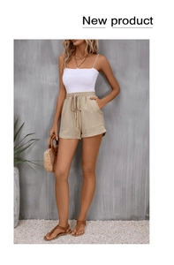 High-waisted khaki summer shorts with elastic drawstring waist and large side pockets