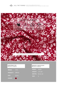 Detailed fabric view of red floral dress with white blossoms and size chart information