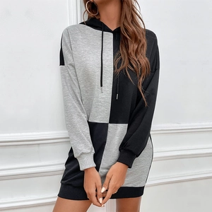 Casual Color Block Hoodie Dress Long Sleeve Knitted Mini Dress Black Gray Patchwork Oversized Hooded Sweatshirt Dress