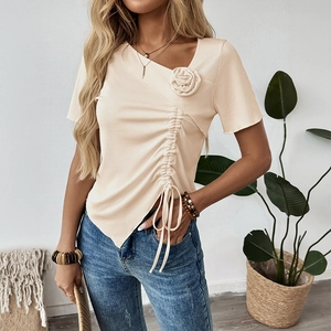 Maglietta da Donna a Maniche Corte in Maglia a Costine Scollo a V Asimmetrico con Decorazione Floreale 3D Top Arricciato Casual Estivo