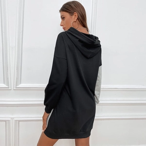 Women's loose long-sleeve hooded sweatshirt dress with black and grey patchwork design